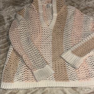 Cozy Knit V-Neck Sweater with hood - Cream, Tan, Pink